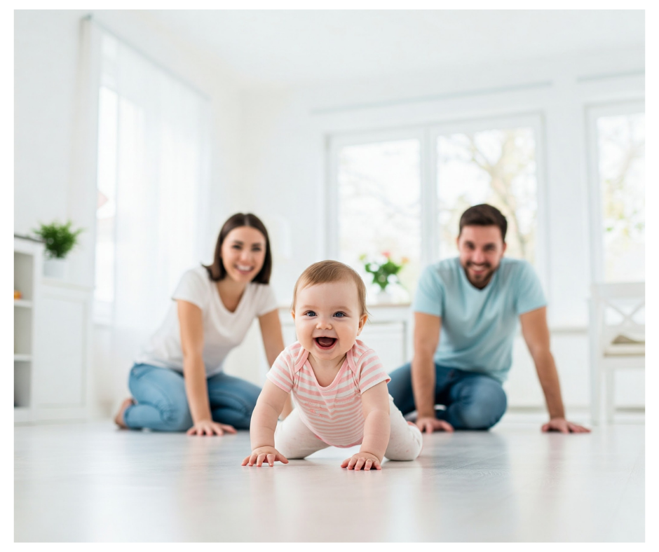Happy baby crawling towards smiling parents
